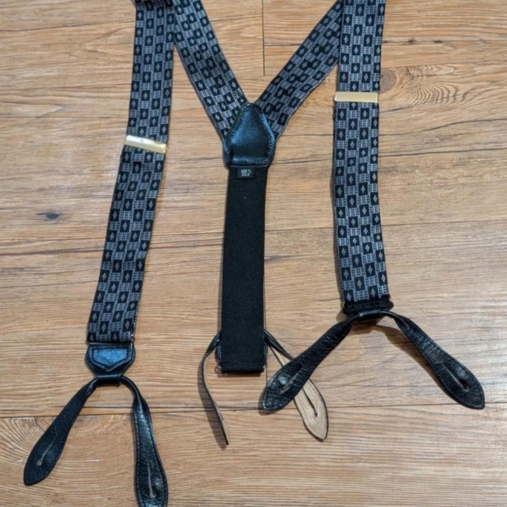Vintage CAS Germany Mens Suspenders 100% Silk Navy Geometric Diamond Y-Back